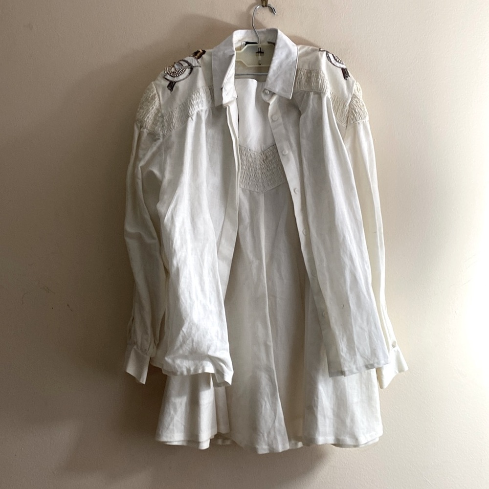 Vintage Cedars White Skirt Set, Ramie and Cotton with Leather and Snakeskin